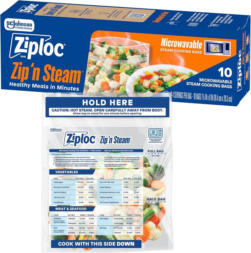Ziploc Zip 'n Steam Food Storage Cartons for Meal Prep, Healthy Meals in Minutes, Microwave Safe, 10 Count - Image 1